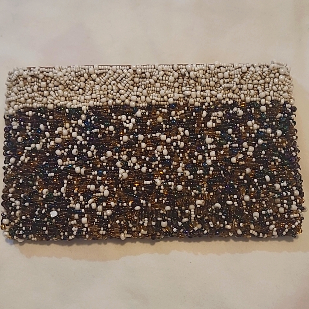 Beaded Zippered Pouch Gold White Tan Blue 4.5 x 7.5"